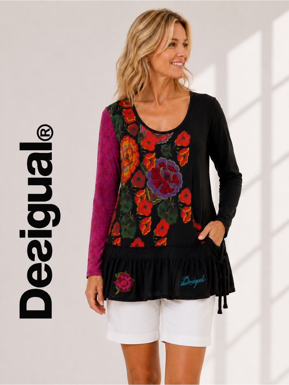•Desigual Floral Embroidered Tunic Top long Sleeve Boho Art to wear | Large